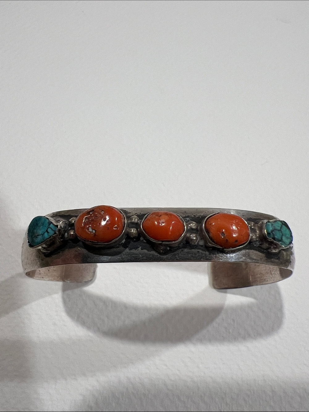 Native American Sterling Silver Orange Coral and Turquoise Cuff Bracelet - Picture 9 of 9